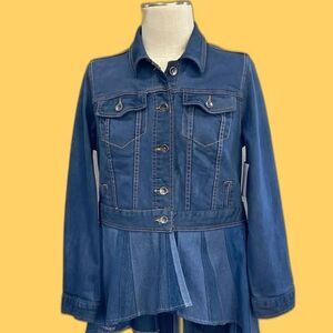 Upcycled blue denim jacket with high low peplum, Size M